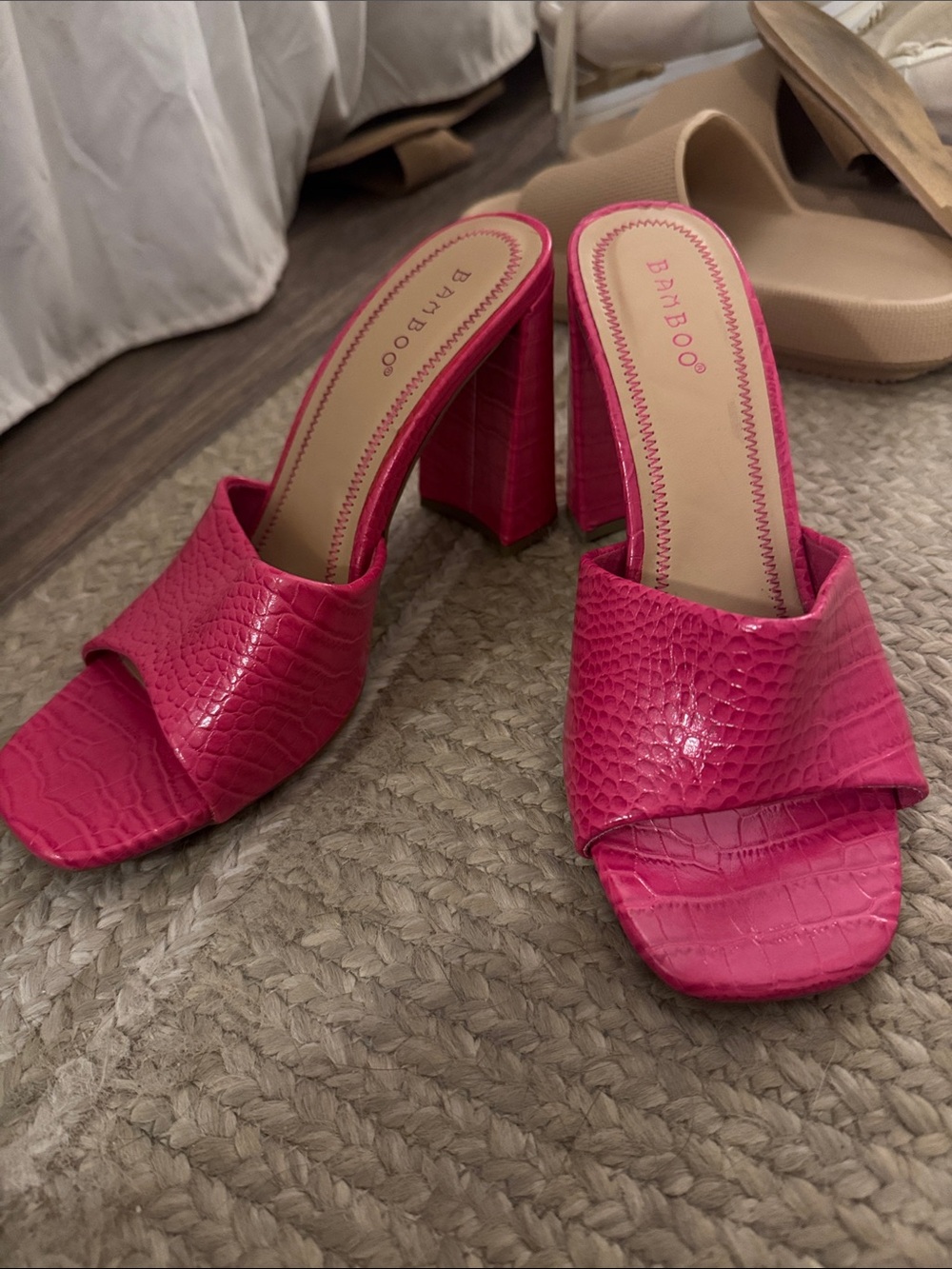 BAMBOO Hot Pink Croc-Embossed Block Heel Slide